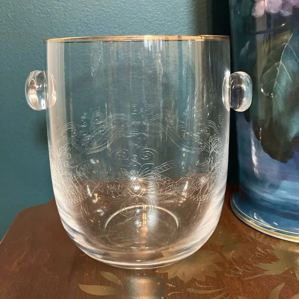 Vintage Ice Bucket Beautiful Etched Bohemian Glass W/ Gold Rim -Czech Republic
